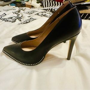 - BCBG- Black Leather Stiletto Heels with Silver Bead Detailing, Size 9, NWT